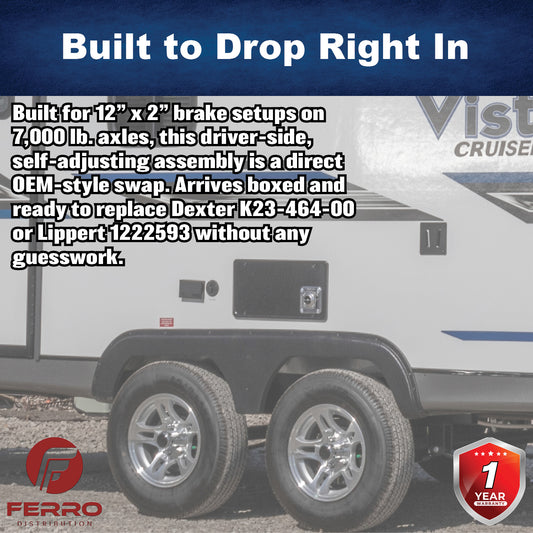 12" x 2" Self‑Adjusting Electric Trailer Brake Assembly – 7,000 lb, Left‑Hand, Boxed (Ferro Distribution) F02040