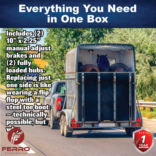 Trailer Brake & Hub Kit – Two 10" x 2.25" Self‑Adjusting Electric Brakes + Two 10" Loaded Hubs, 3,500 lb Axles (Ferro Distribution) F02048