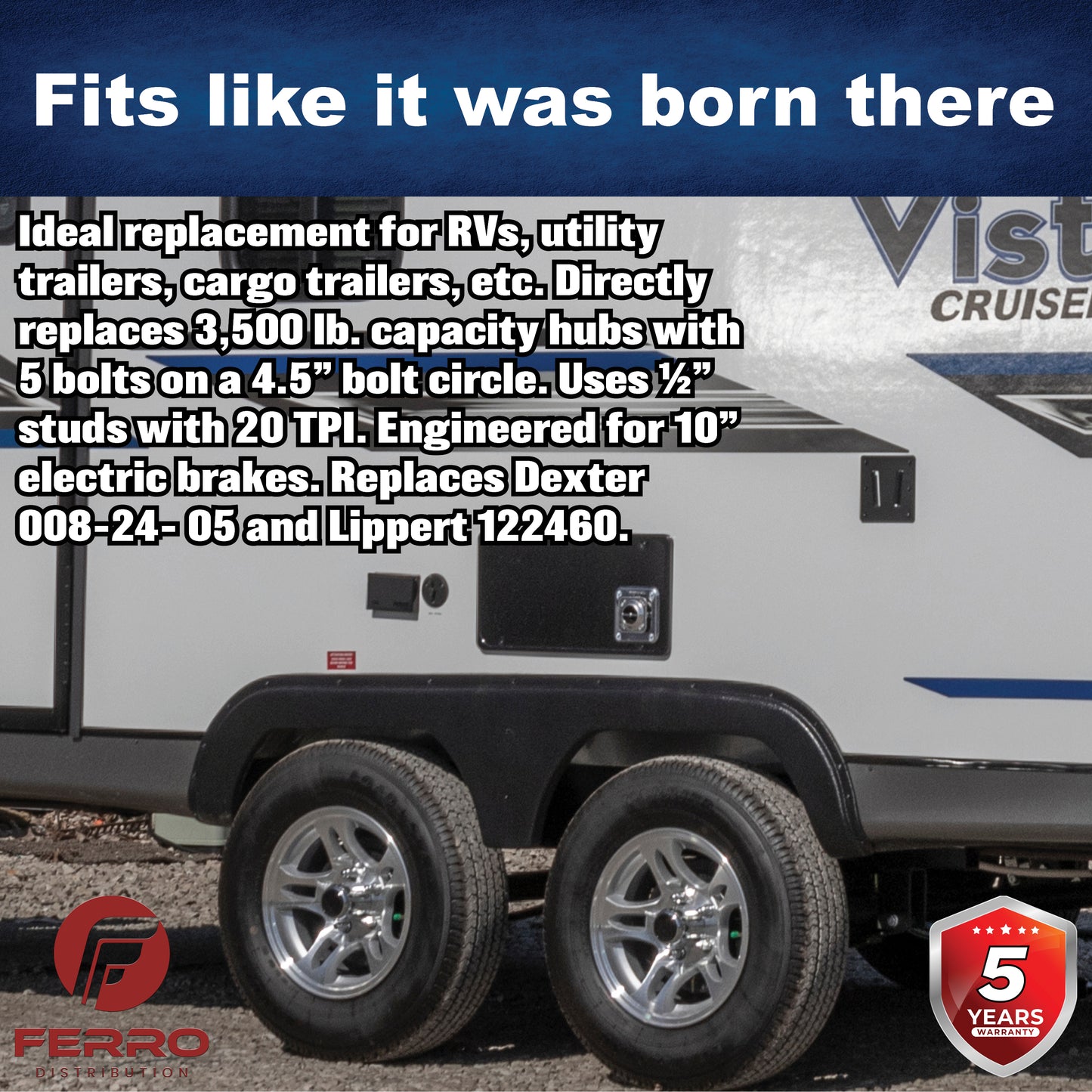 Hub/Drum Assembly (3500 lb capacity, 5" X 4.5",  1/2"-20, for 10" Brakes) (F02001) Ferro Distribution