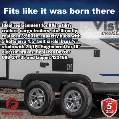 Hub/Drum Assembly (3500 lb capacity, 5" X 4.5",  1/2"-20, for 10" Brakes) (F02001) Ferro Distribution