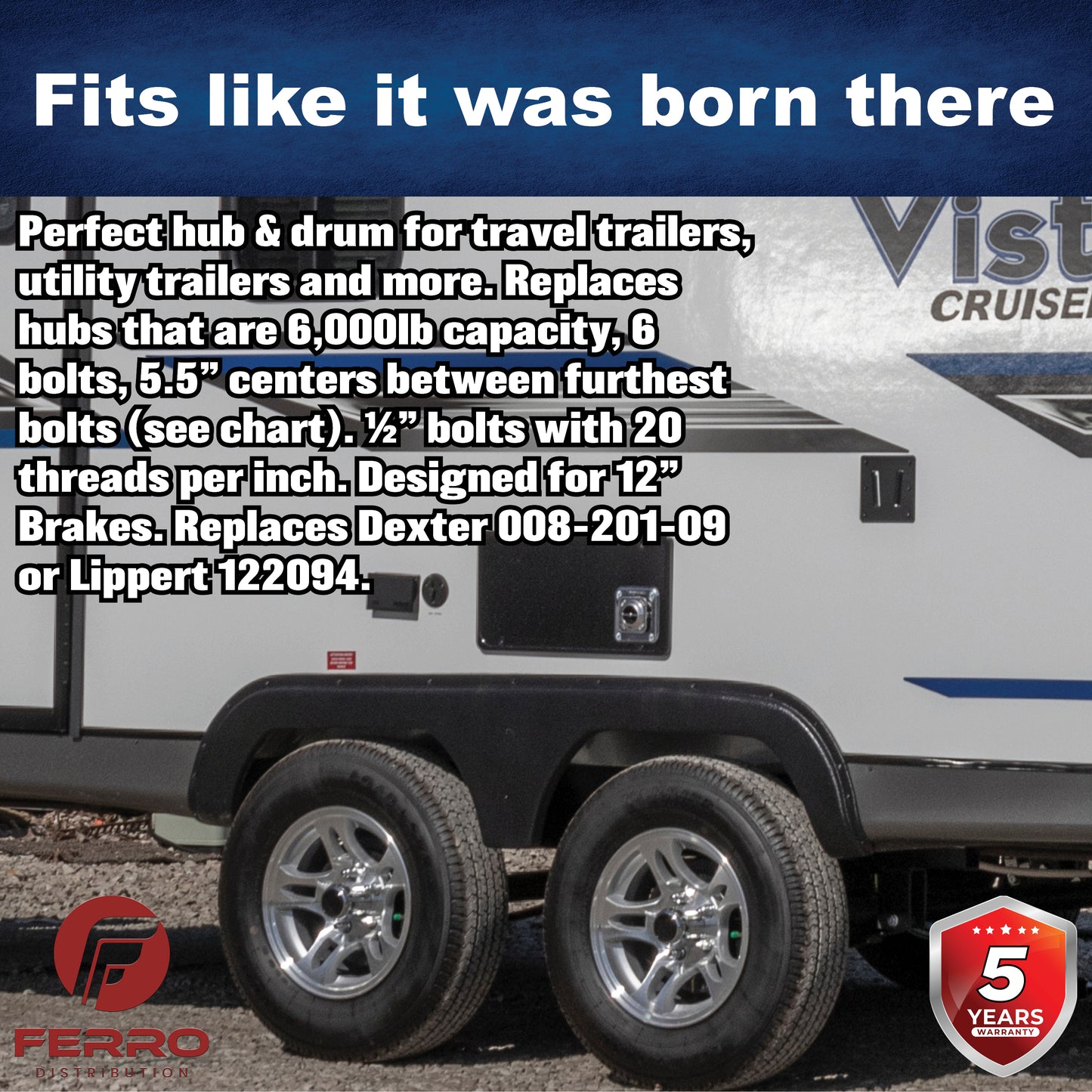 Hub/Drum Assembly (6000 lb capacity 6" X 5.5", 1/2"-20, for 12" Brakes) (F02002) Ferro Distribution