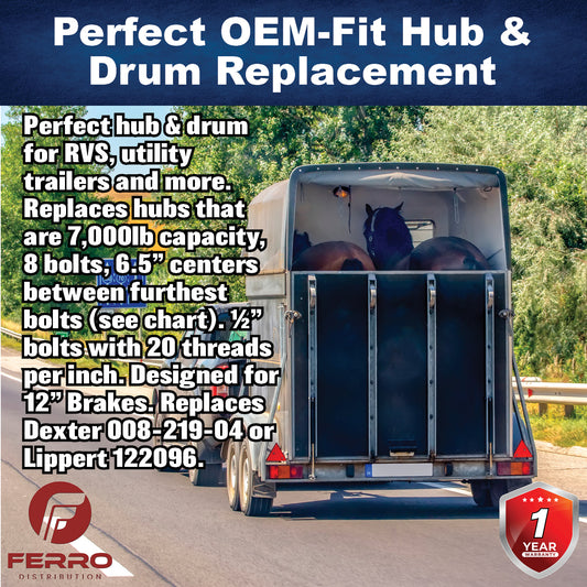 Hub/Drum Assembly (7000 lb capacity, 8" X 6.5", 1/2"-20, for 12" Brakes) (F02003) Ferro Distribution