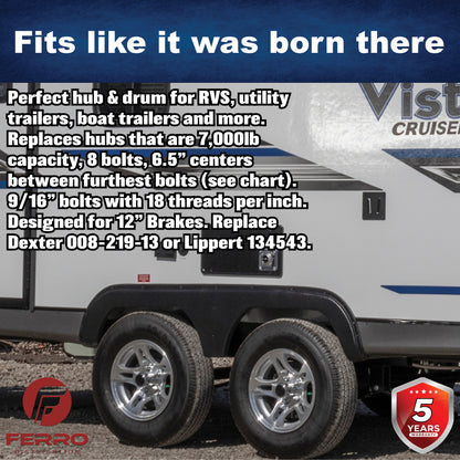 Hub/Drum Assembly (7000 lb capacity, 8" X 6.5", 9/16"-18, for 12" Brakes) (F02004) Ferro Distribution