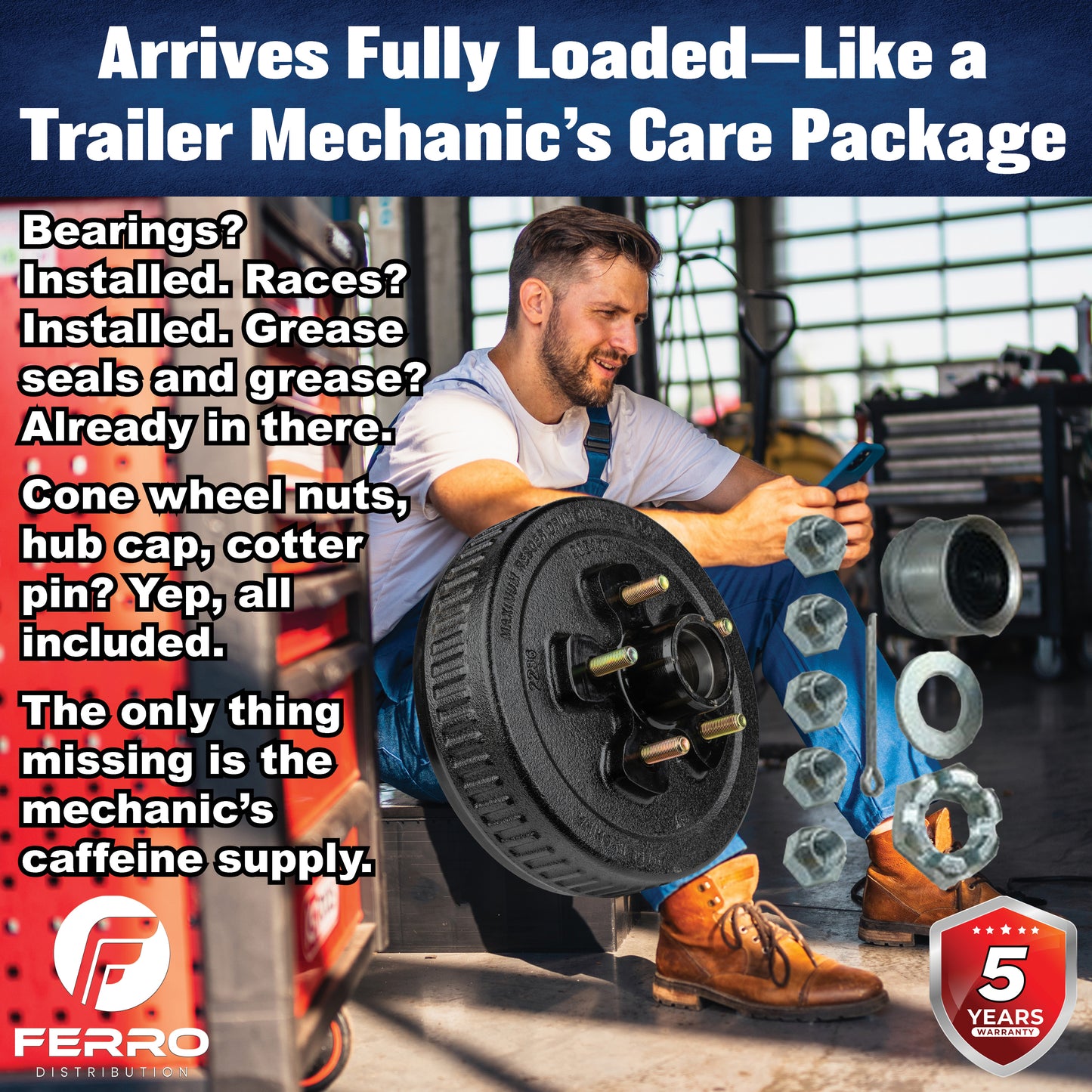 Hub/Drum Assembly - Loaded (3,500 lb. capacity, 5 lug, 4.5", 1/2"-20, for 10" Brake) (F02008) Ferro Distribution