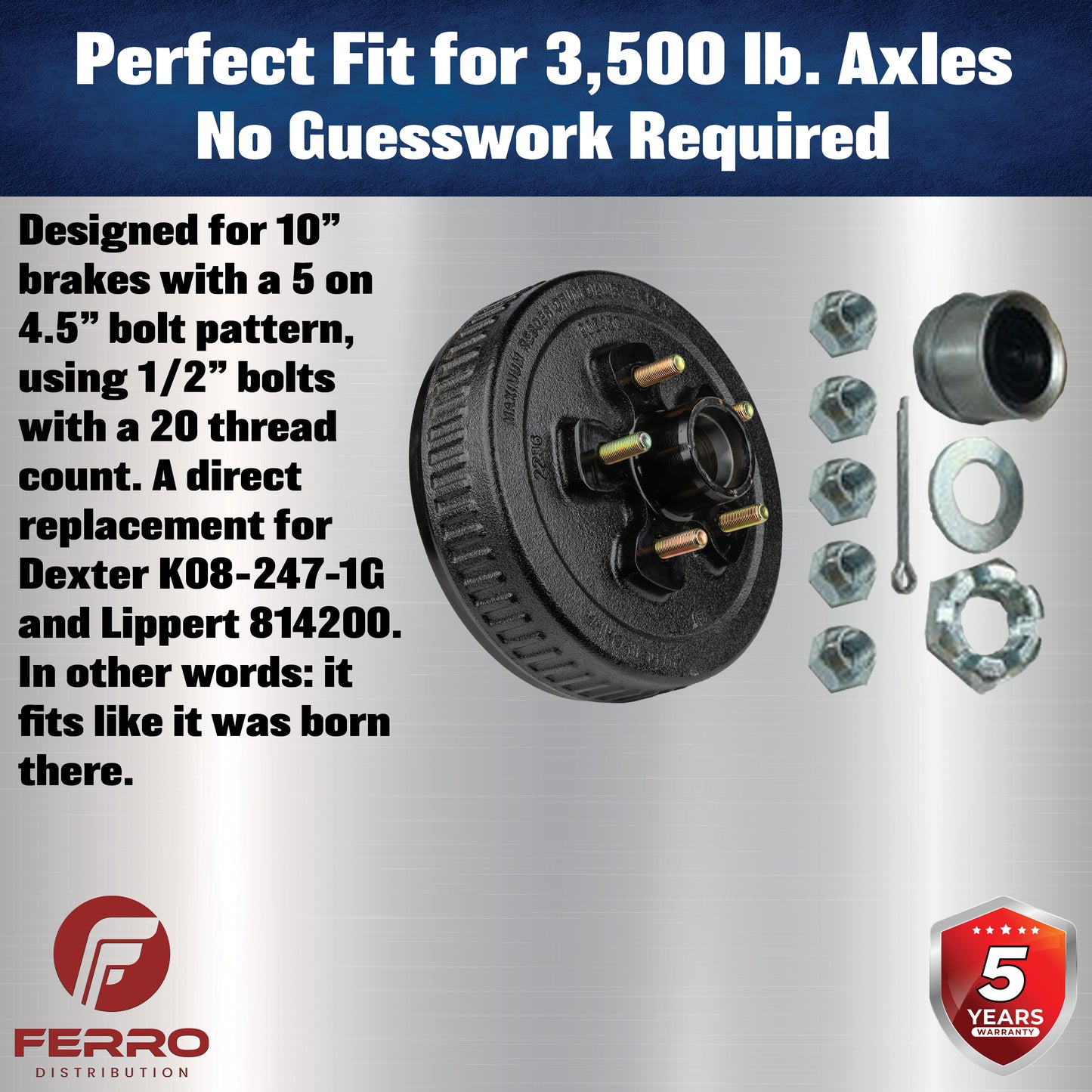 Hub/Drum Assembly - Loaded (3,500 lb. capacity, 5 lug, 4.5", 1/2"-20, for 10" Brake) (F02008) Ferro Distribution
