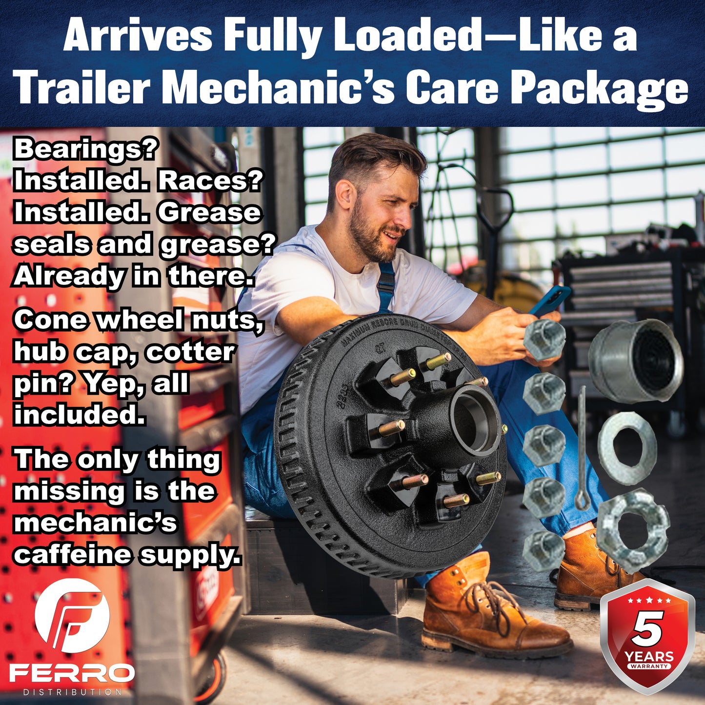 Hub/Drum Assembly - Loaded (7000 lb. capacity, 8 lug, 6.5", 1/2"-20, for 12" Brake) (F02010) Ferro Distribution