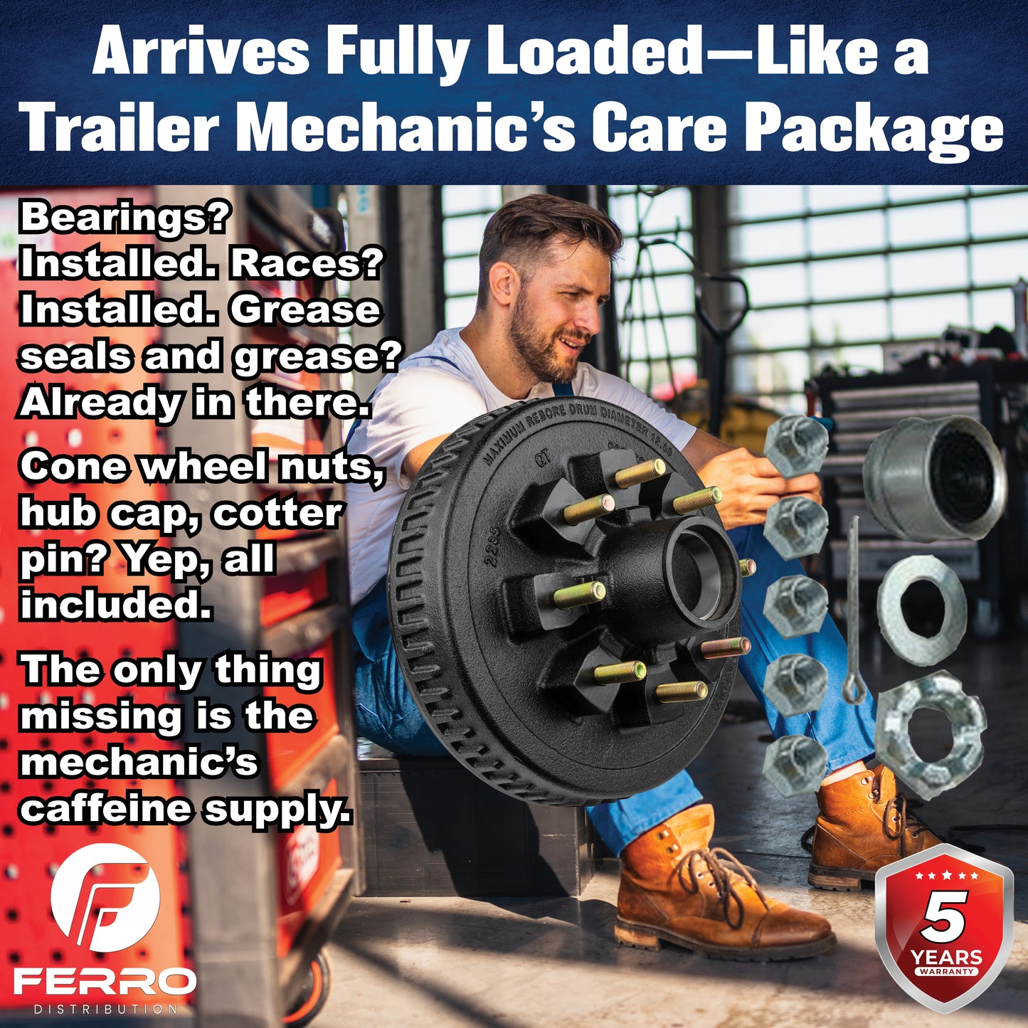 Loaded Hub & Drum Assembly – 7,000 lb Capacity, 8 on 6.5" Bolt Pattern, 9/16"-18 Studs, Fits 12" Brakes (Ferro Distribution) F02011