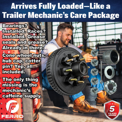 Loaded Hub & Drum Assembly – 7,000 lb Capacity, 8 on 6.5" Bolt Pattern, 9/16"-18 Studs, Fits 12" Brakes (Ferro Distribution) F02011