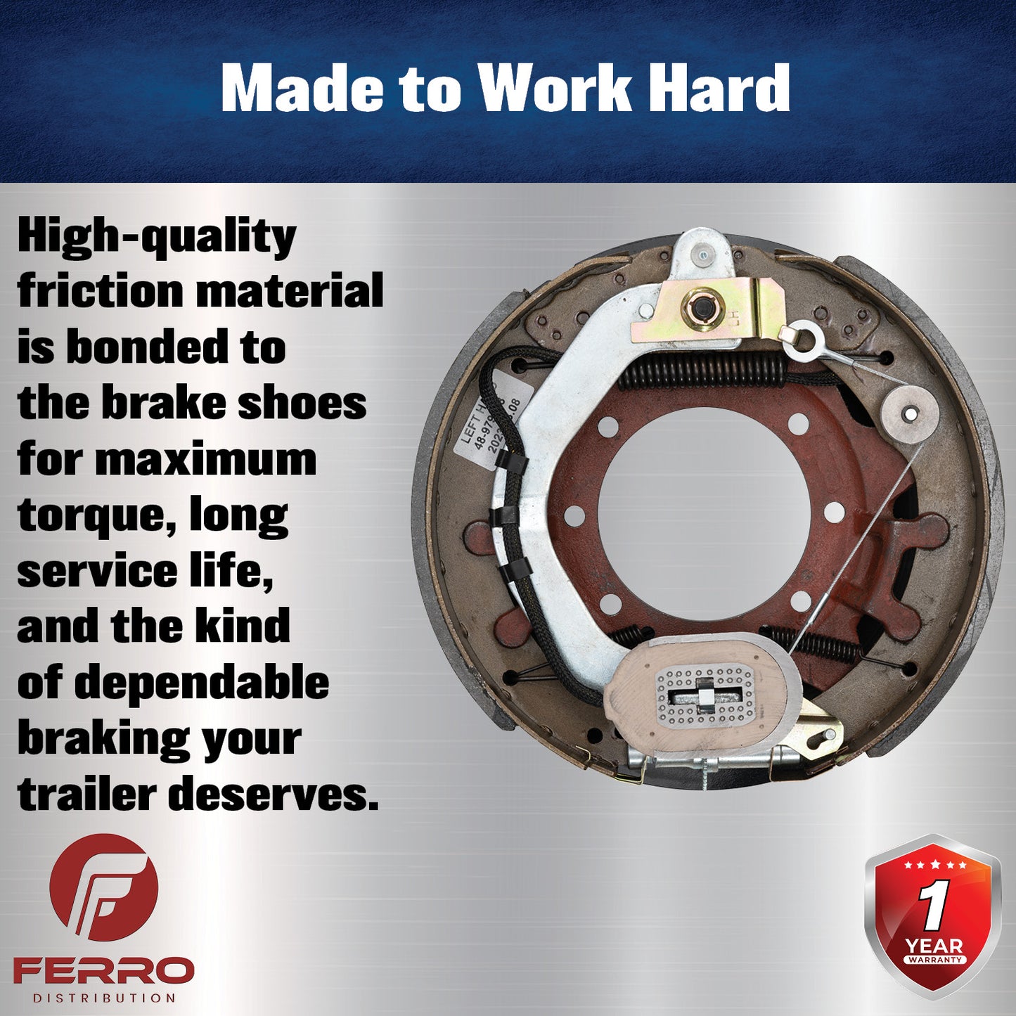 12‑1/4" x 3‑3/8" Self‑Adjusting Electric Trailer Brake Assembly – 10,000 lb, Left‑Hand (Ferro Distribution) F02030