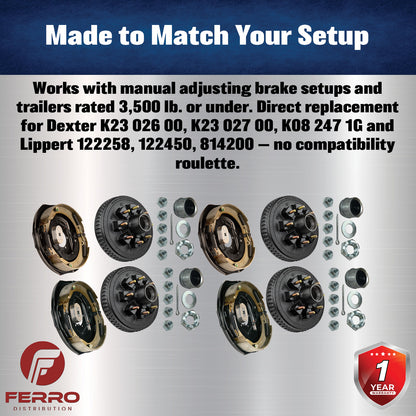 Trailer Brake & Hub Kit – Four 12" x 2" Manual‑Adjusting Electric Brakes + Four 12" Loaded Hubs, 7,000 lb Axles (Ferro Distribution) F02053