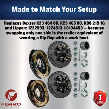 Trailer Brake & Hub Kit – Two 12" x 2" Self‑Adjusting Electric Brakes + Two 12" Loaded Hubs, 7,000 lb Axles (Ferro Distribution) F02056