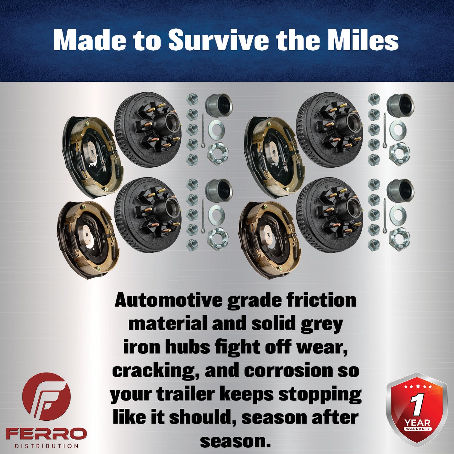 Trailer Brake & Hub Kit – Four 12" x 2" Self‑Adjusting Electric Brakes + Four 12" Loaded Hubs, 7,000 lb Axles (Ferro Distribution) F02057