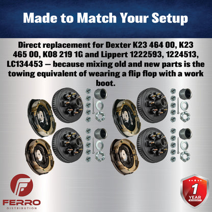 Trailer Brake & Hub Kit – Four 12" x 2" Self‑Adjusting Electric Brakes + Four 12" Loaded Hubs, 7,000 lb Axles (Ferro Distribution) F02057