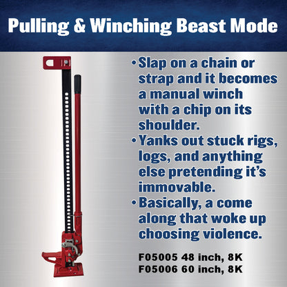 Farm Jack 48" Heavy‑Duty 8,000 lb Lift | Off‑Road Recovery, Tractor & Trailer Utility Jack | Steel Construction, Multi‑Use Lifting/Winching/Spreading Tool | F05005 by Ferro Distribution